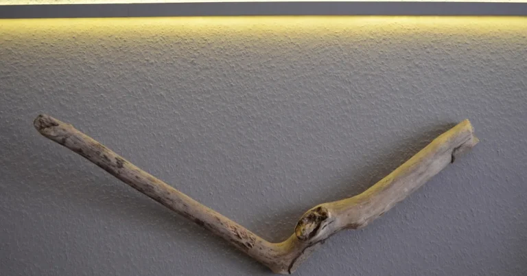 warm white LED strip lighting installed along a wall edge above a wood driftwood accent