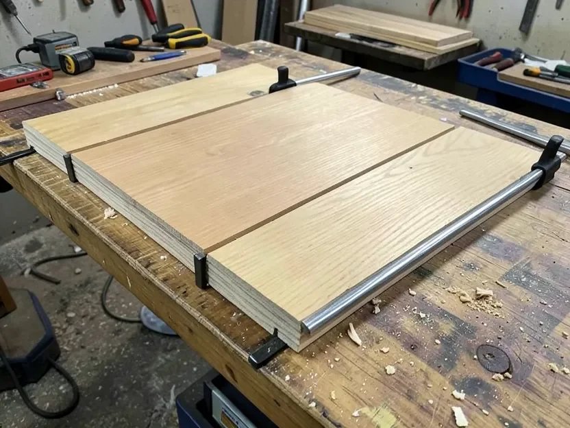 Three boards glued edge-to-edge and clamped into a wide panel