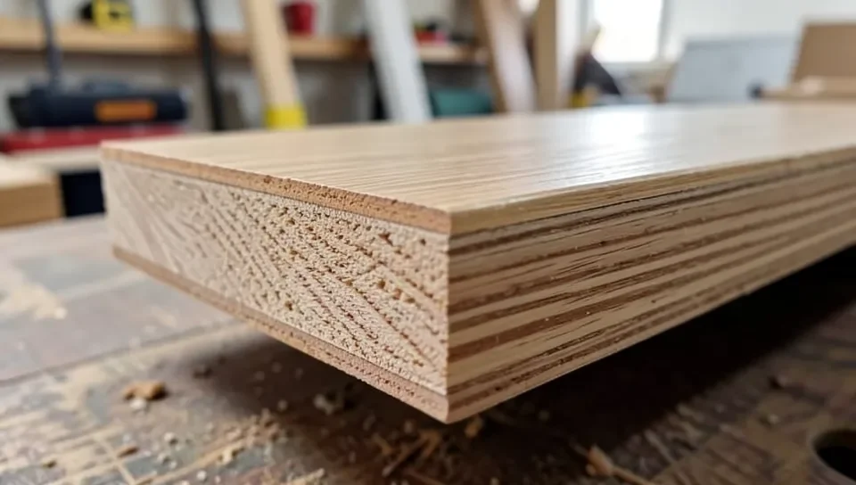 Cross-section of engineered oak flooring showing veneer over plywood core