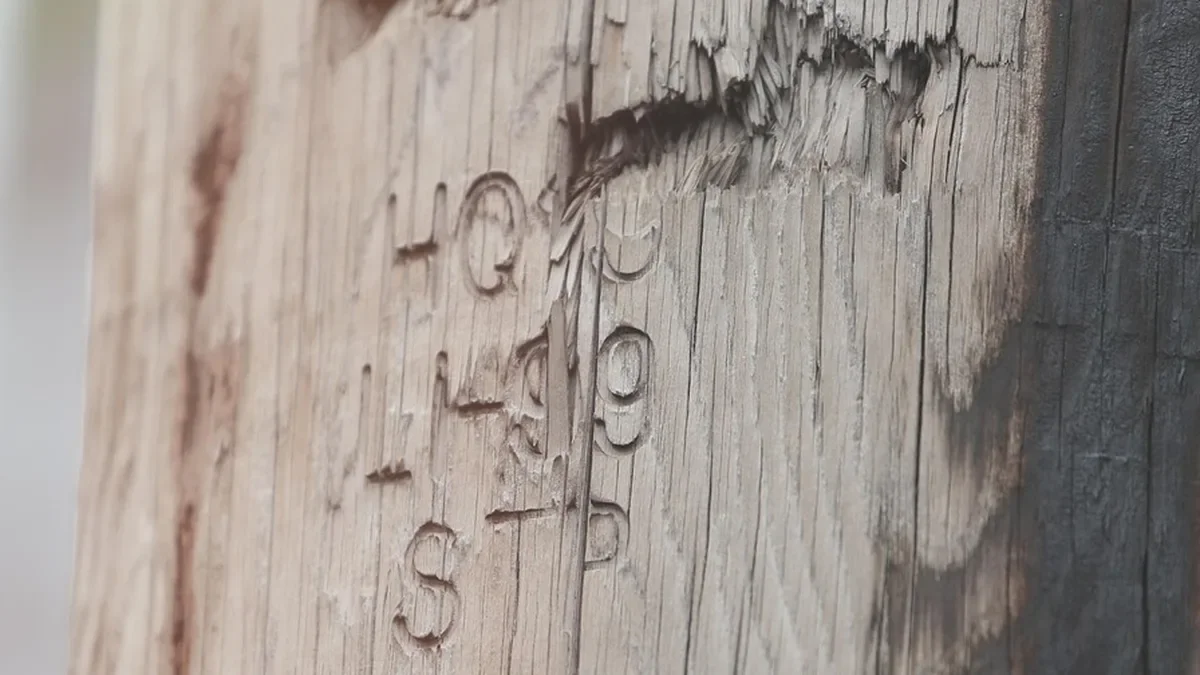 Letters engraved into a wooden post showing how grain affects the cut edges