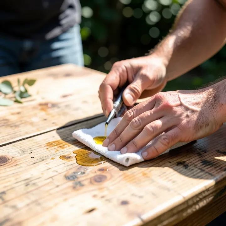 Hand applying teak oil to eucalyptus wood grain with a cloth Hand applying teak oil to eucalyptus wood grain with a cloth
