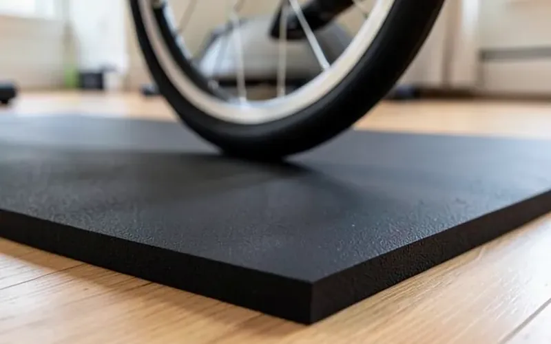 exercise bike wheel resting on a thick black mat showing mat thickness on a hardwood floor exercise bike wheel resting on a thick black mat showing mat thickness on a hardwood floor
