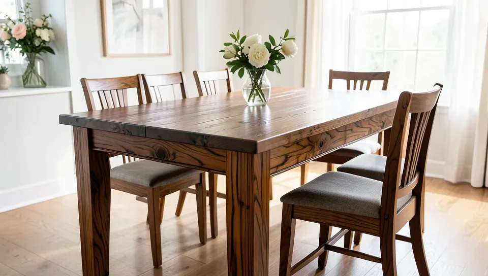 A finished mango wood table with a rich stained color