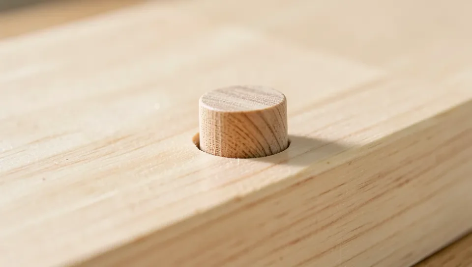 A wood plug glued into a hole in a board, before final sanding