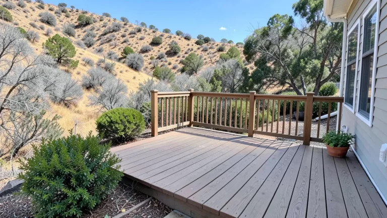 Home deck in a dry hillside landscape with defensible space landscaping