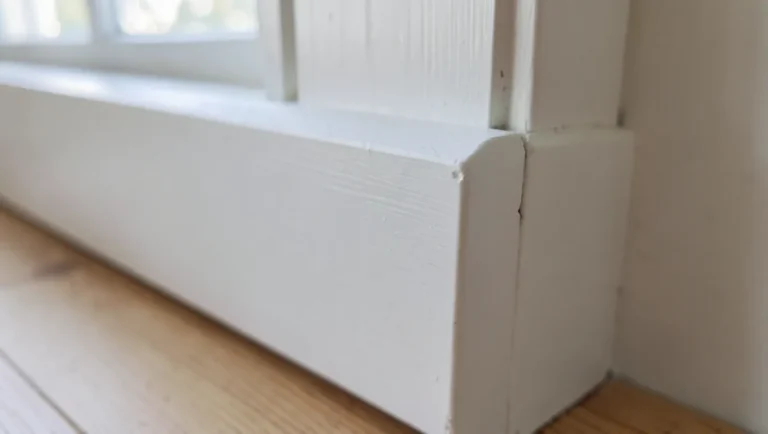 Close-up of a small gap between white baseboard trim and the wall before repair