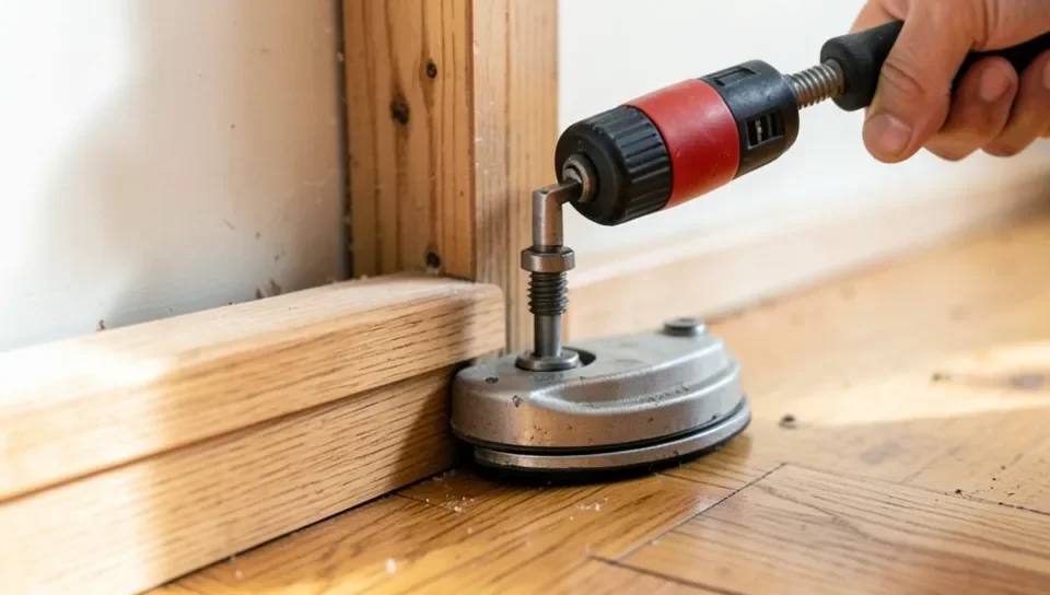 Ratcheting flooring jack tool tightening a hardwood board during installation