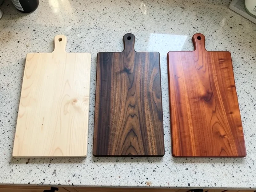 Maple, walnut, and cherry cutting boards side by side showing closed-grain wood species safe for food contact