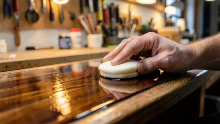 Craftsman applying French polish shellac finish to wood with a cotton rubber pad