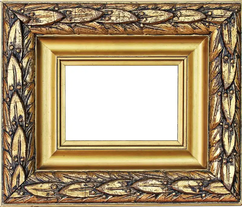 Antique gilded wood frame with worn gold leaf on carved leaf details