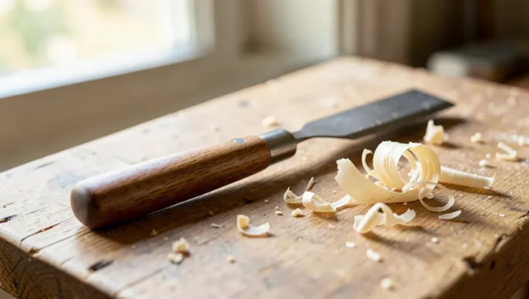 wood carving gouge chisel resting on curled wood shavings on a workbench