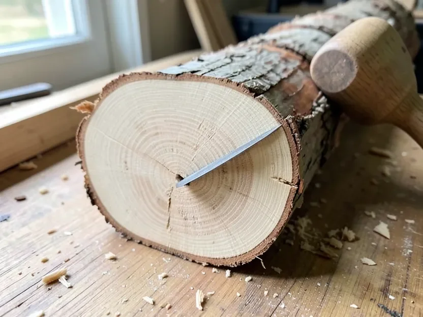 A froe blade set into the split end grain of a freshly cut log next to a wooden mallet