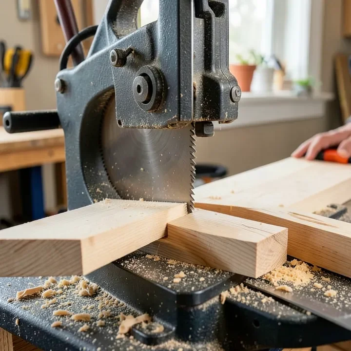 cast iron floor-standing bandsaw resawing a thick wood plank into slabs