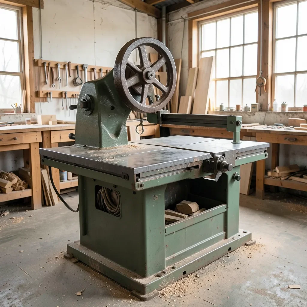 large industrial floor-standing bandsaw in a woodworking shop