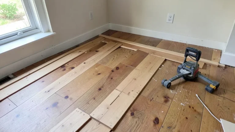 Hardwood flooring installation in progress with a flooring jack tool