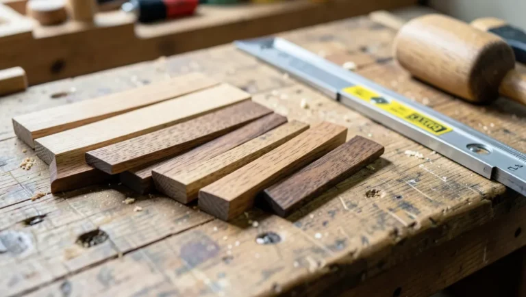Hand-cut hardwood wedges next to a sliding T-bevel gauge used to mark the taper angle
