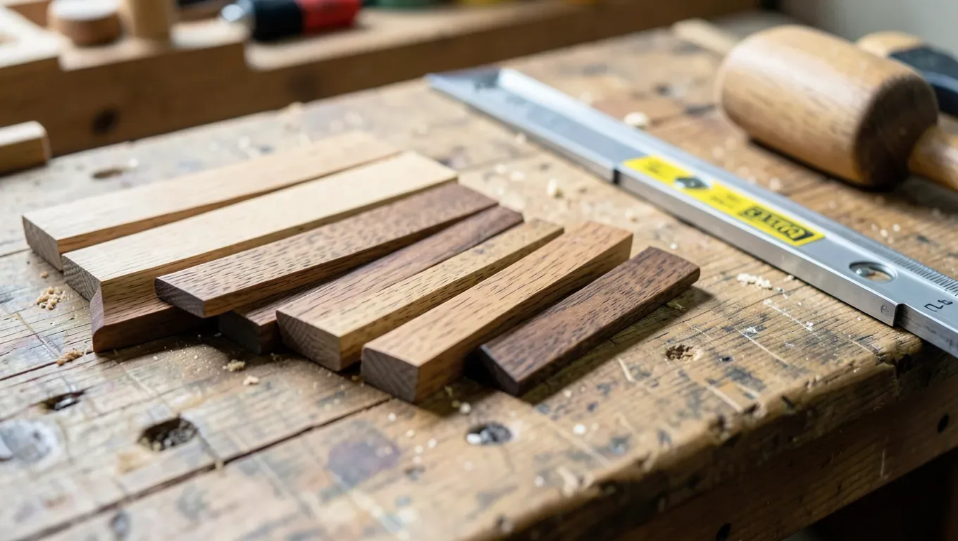 Hand-cut hardwood wedges next to a sliding T-bevel gauge used to mark the taper angle