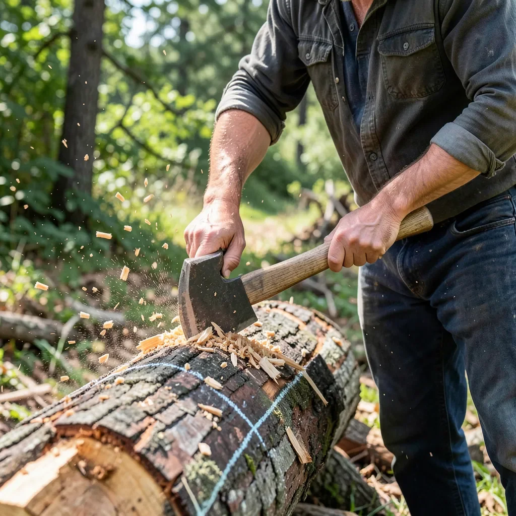 Person hewing a log into a flat plank with a broadaxe outdoors