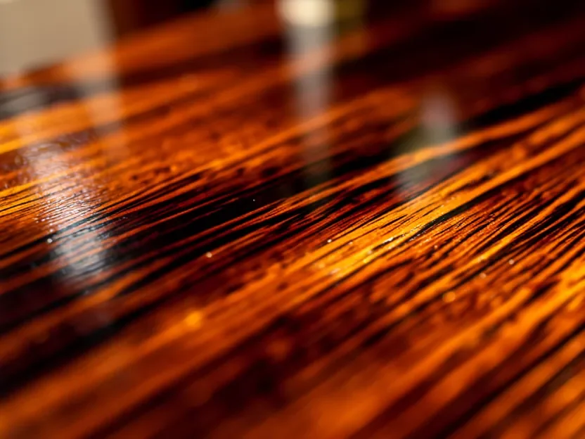 Close-up of deep glossy wood grain after French polishing with many thin shellac layers
