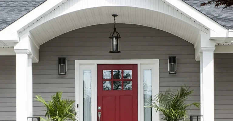 Home entry porch with white painted columns flanking a red front door