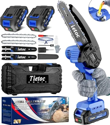 Tietoc Mini Chainsaw 6 Inch Cordless [With 2Pcs 21V Batteries] [2024 Upgrade] Portable Electric Chain Saw, Small Handheld Battery Powered Super Saws for Tree Branches, Courtyard, Household & Garden