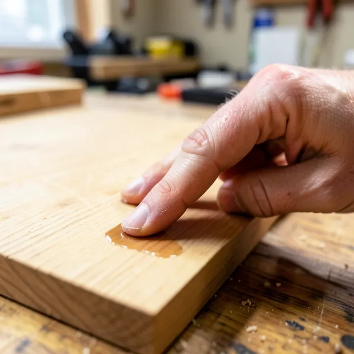 Touch-testing a wood board for tackiness after applying pre-stain conditioner