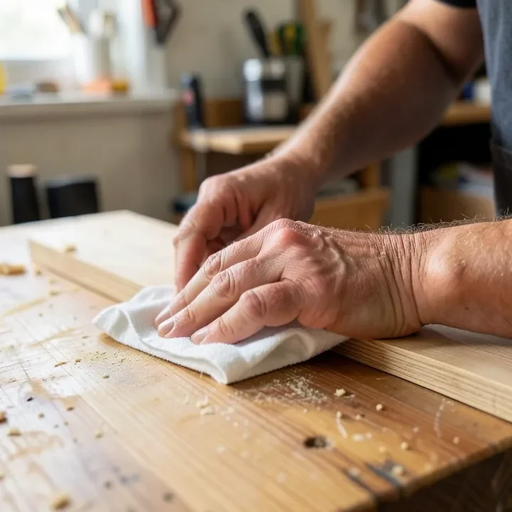 Wiping excess wood conditioner off a board with a clean cloth