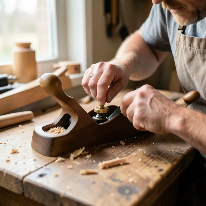 Woodworker adjusting the brass depth adjustment knob on a hand plane