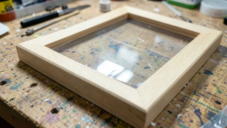 Clear acrylic sheet being fitted into a wooden picture frame