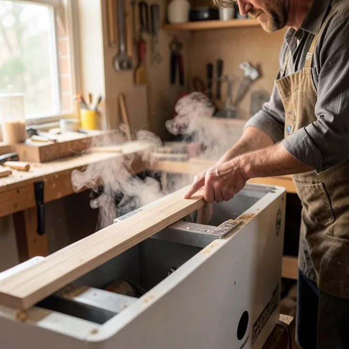 Woodworker pulling a steamed wood strip from a PVC steam box