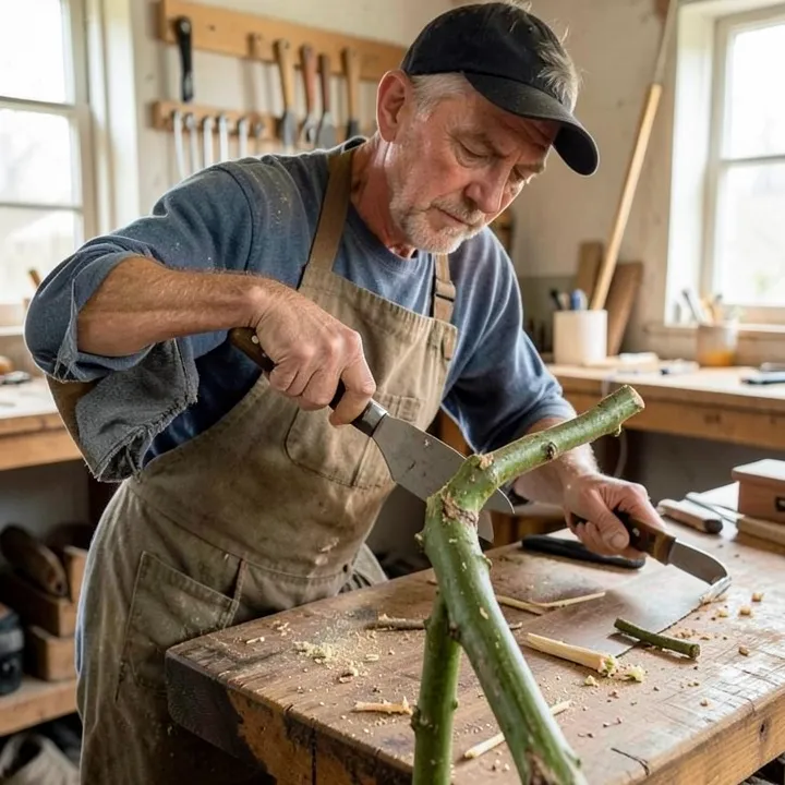 Craftsman using a drawknife to shave bark and shape a green wood branch into a walking stick Craftsman using a drawknife to shave bark and shape a green wood branch into a walking stick