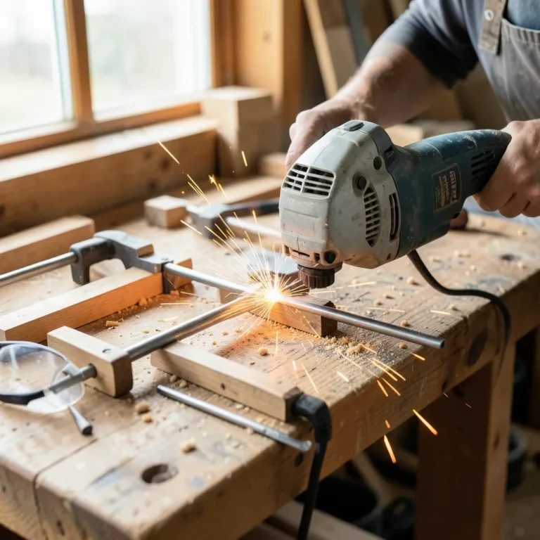 angle grinder cutting a metal rod with sparks flying in a woodworking shop