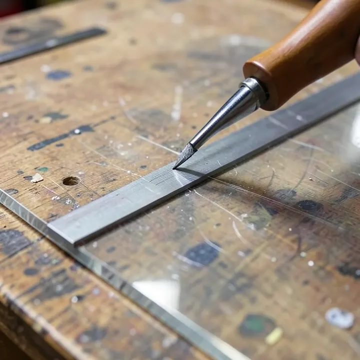 Scoring a plexiglass sheet along a straightedge before snapping it