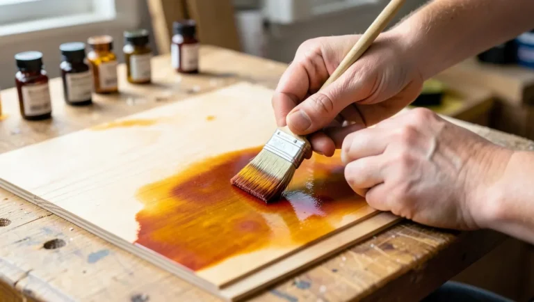 Craftsman applying reddish-amber wood dye with a brush to a sheet of light maple veneer on a workbench