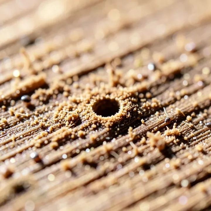 Close-up of small round exit holes and powdery frass from wood-boring beetles