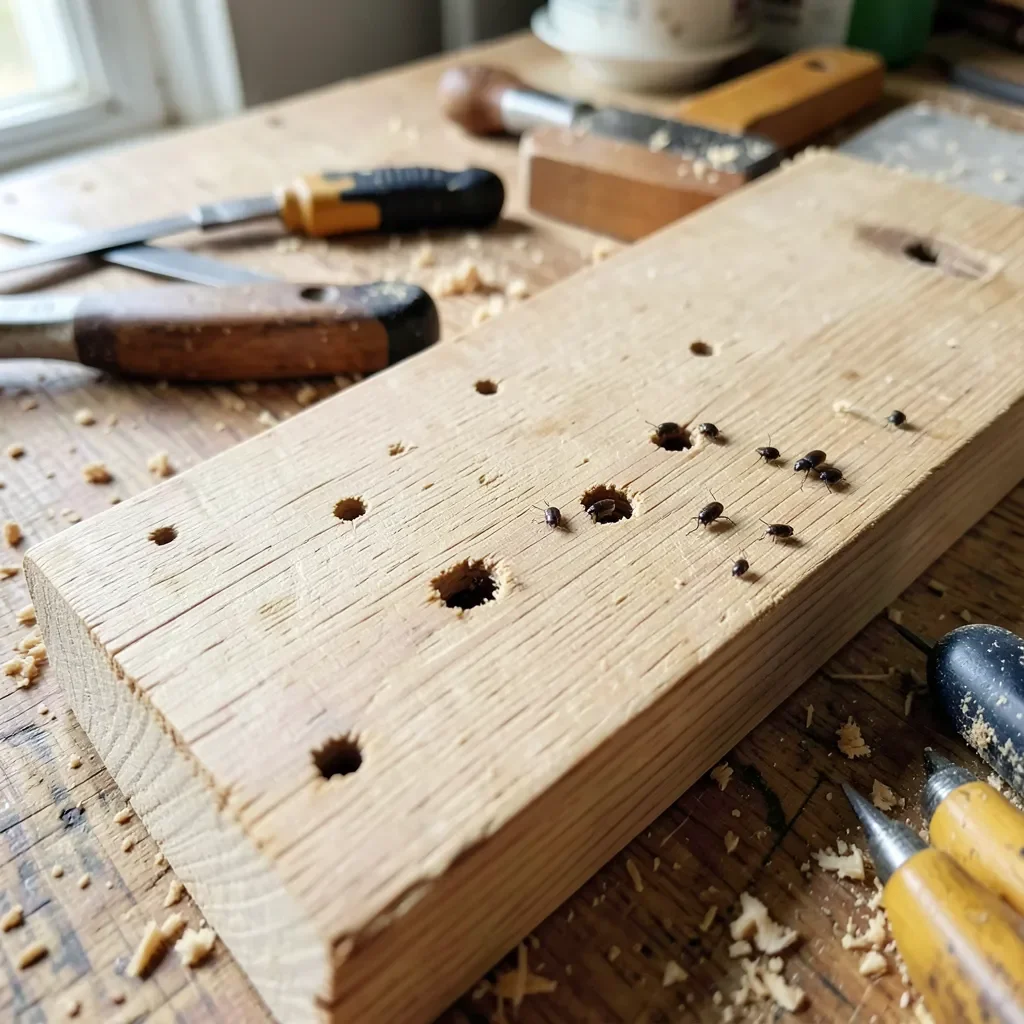 Wood board showing exit holes and damage from wood-boring beetles