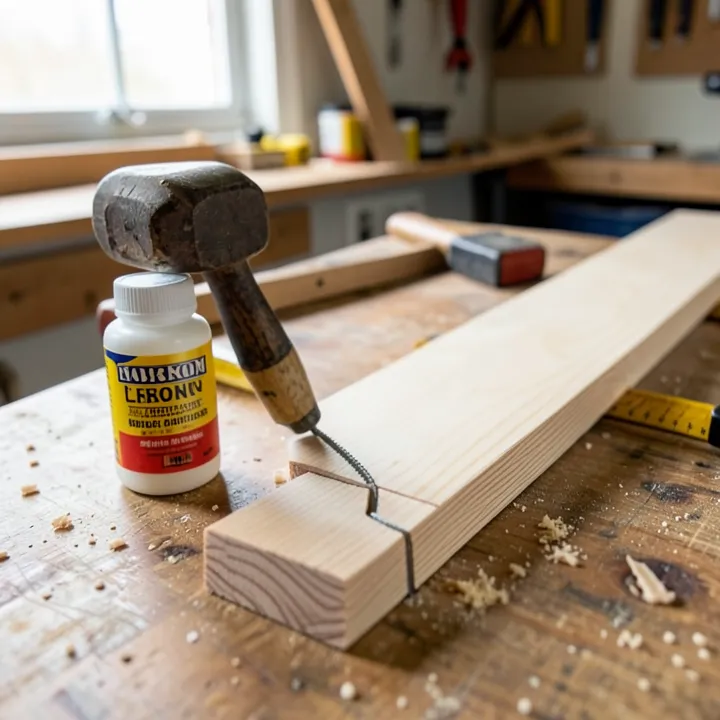 rubber mallet and wood glue staged next to a tongue-and-groove hardwood plank before nail-down installation