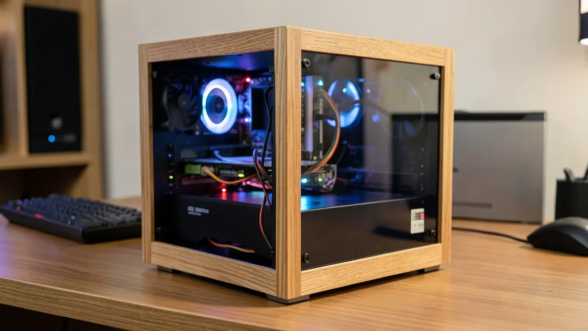 Handmade wooden PC case with tempered glass side panel showing internal components