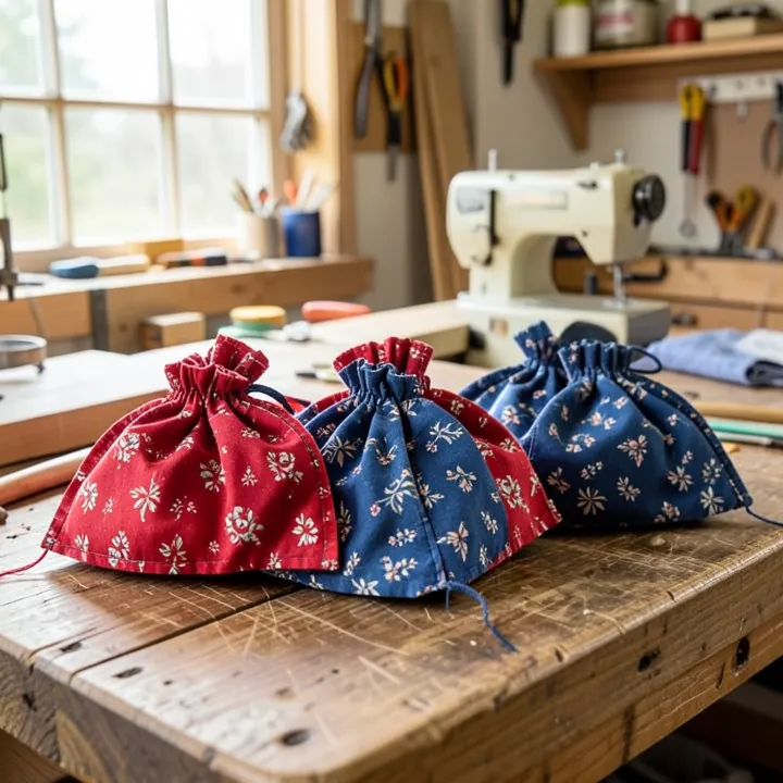 Sewing homemade cornhole bean bags with red and blue duck cloth fabric