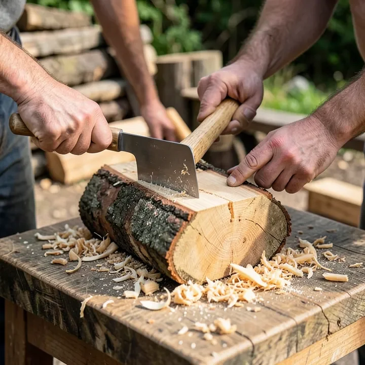 Hands using a froe and mallet to split a log into a rough plank