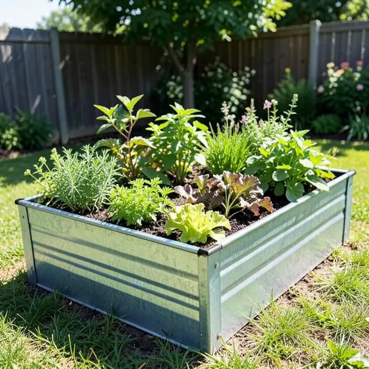Galvanized metal raised garden bed filled with vegetables in a backyard