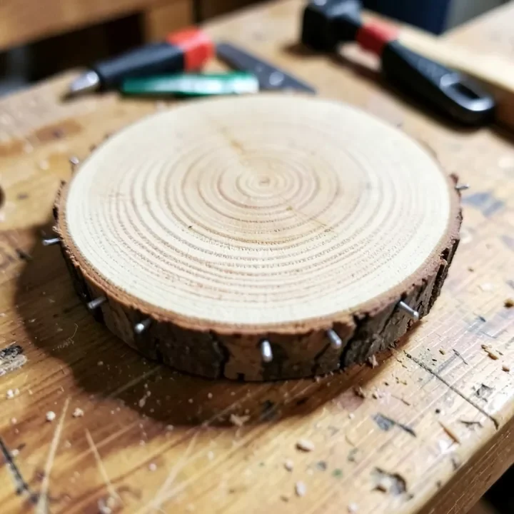 Moisture meter pins pressed into the end grain of a wood slice to check dryness