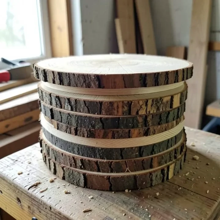 Wood slices stacked with wood spacer sticks between them for air drying