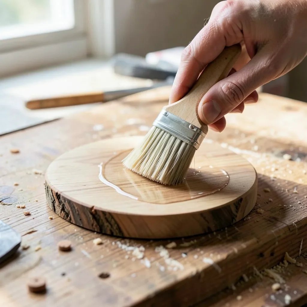 Hands applying clear finish with a foam brush to a round wood slice coaster
