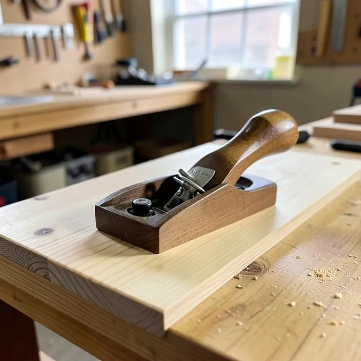 Wooden hand plane resting on a pine board being prepped for a workbench top finish Wooden hand plane resting on a pine board being prepped for a workbench top finish