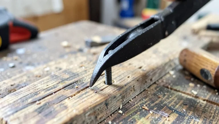Cat's paw pry bar prying a bent nail up out of a wood plank