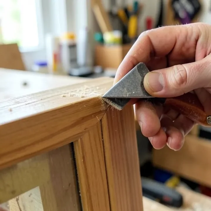 detail sander with triangular pad sanding the inside corner of a wood frame