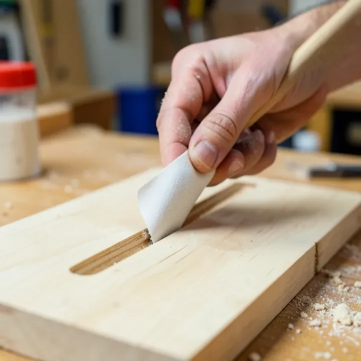 sandpaper wrapped around a dowel sanding a carved wood groove
