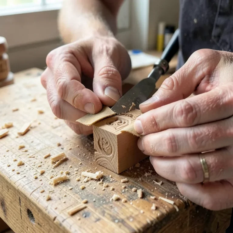 hands sanding a small carved wood detail with folded sandpaper