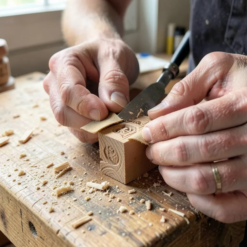 hands sanding a small carved wood detail with folded sandpaper